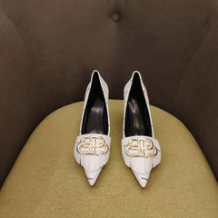POINTED TOE PUMPS WHITE WITH LOGO PRINT SMOOTH CALFSKIN