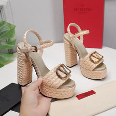 VLTN ESPADRILLE WEDGE SANDALS 25S 130 MM IN BEIGE RAFFIA WITH GOLD HARDWARE