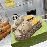 LV MONOGRAM THICK PLATFORM SANDALS IN BEIGE CANVAS