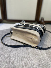 SMALL STRAP WOODY TOTE BAG 26.5 IN BEIGE LINEN CANVAS BLACK WEBBING DARK BLUE CALFSKIN