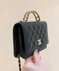 CHANEL 25S TOP HANDLE BAG 19 IN BLACK WALLET ON CHAIN LAMBSKIN