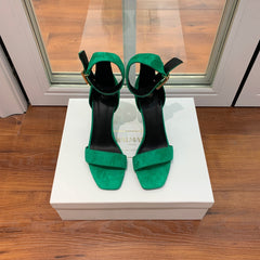 BALMAIN 25S THIN STRAP HIGH HEELS 105MM IN GREEN SUEDE GOLD HARDWARE