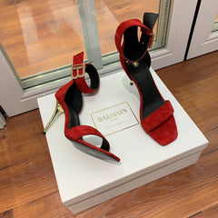 BALMAIN 25S THIN STRAP HIGH HEELS 105MM IN DARK RED SUEDE GOLD HARDWARE