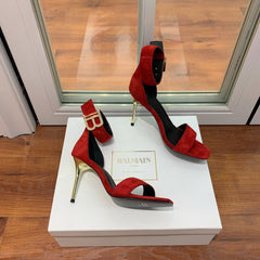BALMAIN 25S THIN STRAP HIGH HEELS 105MM IN DARK RED SUEDE GOLD HARDWARE