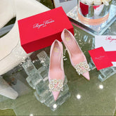 EFFLORESCENCE POINTED-TOE PUMPS IN YOUR PINK SATIN WITH CRYSTAL BUCKLE