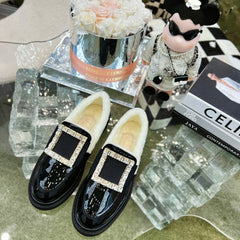 VIV' RANGERS LOAFERS IN BLACK PATENT CALFSKIN FLEECE LINING CRYSTAL BUCKLE