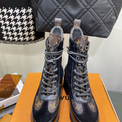 LAUREATE PLATFORM BOOTS IN BLACK SUEDE AND CHOCOLATE BROWN CALFSKIN