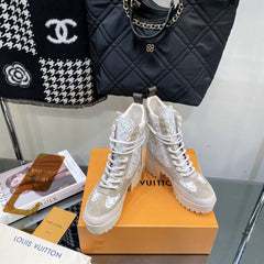 LAUREATE PLATFORM BOOTS IN OAT TAN SUEDE AND MONOGRAM JACQUARD PATTERN