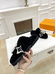 DAD SANDAL MULE IN BLACK MIX WHITE FLEECE