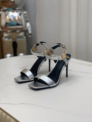 BALMAIN 25S HIGH HEELS WITH B METAL DETAIL 95MM IN SILVER CALFSKIN