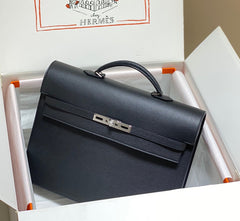KELLY DEPECHES 38 BRIEFCASE IN BLACK TOGO CALFSKIN SILVER HARDWARE