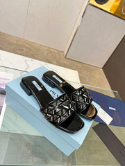 PRA EMBROIDERED SLIDES FLAT BLACK CALFSKIN