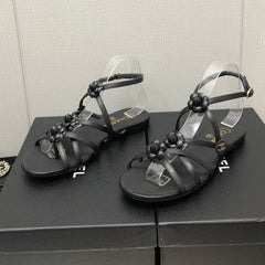FLORAL FLAT SANDAL IN BLACK LAMBSKIN