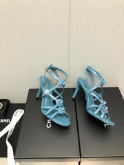 FLORAL HIGH HEEL SANDAL IN SAPPHIRE BLUE LAMBSKIN