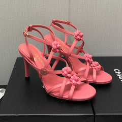 FLORAL HIGH HEEL SANDAL IN DARK PINK LAMBSKIN