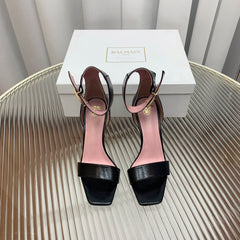 BALMAIN 25S B STRAP HIGH HEEL SANDALS 95MM IN BLACK GLOSSY CALFSKIN