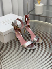 BALMAIN 25S B STRAP HIGH HEEL SANDALS 95MM IN SILVER CALFSKIN