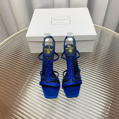 BALMAIN 25S MONETA SANDAL 95MM IN DARK BLUE CALFSKIN WITH CRYSTAL