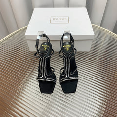 BALMAIN 25S MONETA SANDAL 95MM IN BLACK CALFSKIN WITH CRYSTAL