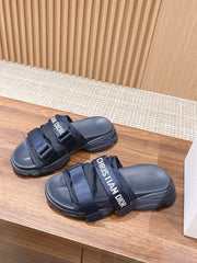 DIOR PLATFORM SLIDES 25S 30 MM IN MIDNIGHT BLUE FABRIC AND CALFSKIN