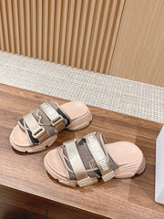 DIOR PLATFORM SLIDES 25S 30 MM IN MOSS GREEN FABRIC AND NUDE CALFSKIN