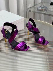 BALMAIN 25S HIGH HEEL SANDALS 95MM IN ROYAL PURPLE GLOSSY CALFSKIN