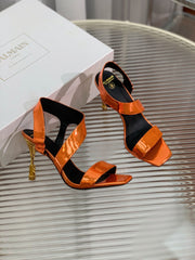 BALMAIN 25S HIGH HEEL SANDALS 95MM IN BURNT ORANGE GLOSSY CALFSKIN