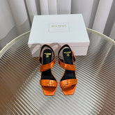 BALMAIN 25S HIGH HEEL SANDALS 95MM IN BURNT ORANGE GLOSSY CALFSKIN