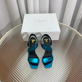 BALMAIN 25S HIGH HEEL SANDALS 95MM IN PETROL BLUE GLOSSY CALFSKIN