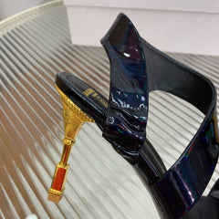 BALMAIN 25S HIGH HEEL SANDALS 95MM IN BLACK GLOSSY CALFSKIN