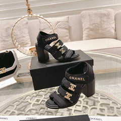 Double C Xiaoxiang Chain Fabric Head Chunky Heel Sandals Black Lambskin