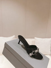 BALENCIAGA 25S HIGH-HEEL SANDALS IN BLACK COW LEATHER WITH RHINESTONE STRAP