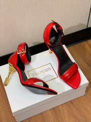 BALMAIN 25S SQUARE STRAP HIGH HEELS 100MM IN RED PATENT CALFSKIN