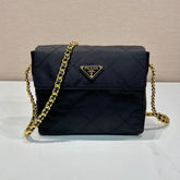 LARGE QUILTED FLAP BAG 23 IN BLACK RE-NYLON FABRIC GOLD CHAIN