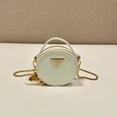 MINI ROUND BAG 8 IN WHITE GLOSSY CALFSKIN GOLD HARDWARE