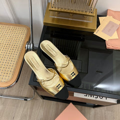 Cap Toe Mules Metallic Gold Color Sheepskin