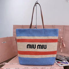 TOTE BAG 40 IN STRIPED PATTERN OF LIGHT BLUE ORANGE AND CREAM WHITE WOVEN RAFFIA