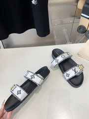 LV WOMEN SUNSET DAD SANDAL IN WHITE MIX BLACK MONOGRAM FABRIC MULE
