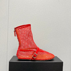 ALAIA SHORT BOOTS IN ORANGE RED MESH FISHNET