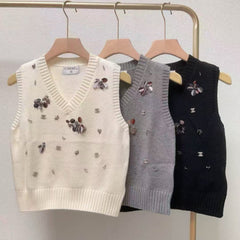 CC Sequined ribbed V-neck knitted vest