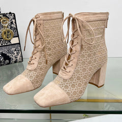 NAUGHTILY-D HEELED ANKLE BOOT IN BISQUE BEIGE CANNAGE MOTIF MESH AND SUEDE 8 CM