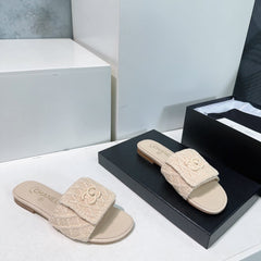 KNIT CAMEL BEIGE FABRIC FLAT SLIDE