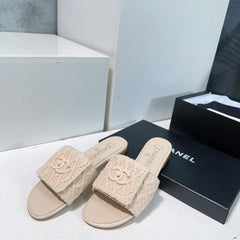 KNIT CAMEL BEIGE FABRIC FLAT SLIDE