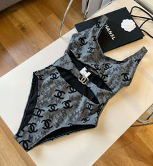 SWIMSUIT IN GREY AND BLACK PRINTED LOGO 626006