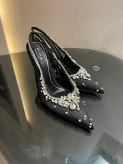 GG HIGH SLINGBACK 105 IN BLACK SATIN WITH CRYSTAL DIAMONDS