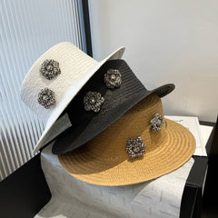 FLAT STRAW HAT BROWN FLOWER ATTACHMENT 673930