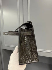 HM KELLY MINI 22 IN BROWN AMERICAN ALLIGATOR SILVER BUCKLE