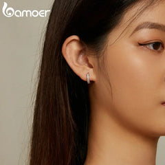 Bamoer 925 Sterling Silver Luxury Zircon Ear Buckles Simple Round Hoop Earrings for Women Party Fine Jewelry Gift BSE868