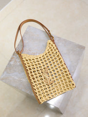 OXALIS 25 IN RAFFIA CROCHET AND LEATHER VINTAGE BROWN