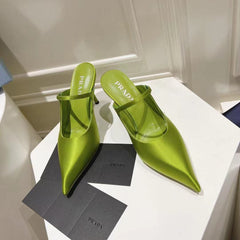 PRA 75 POINTED SATIN MULES IN GREEN FLEECE HEEL